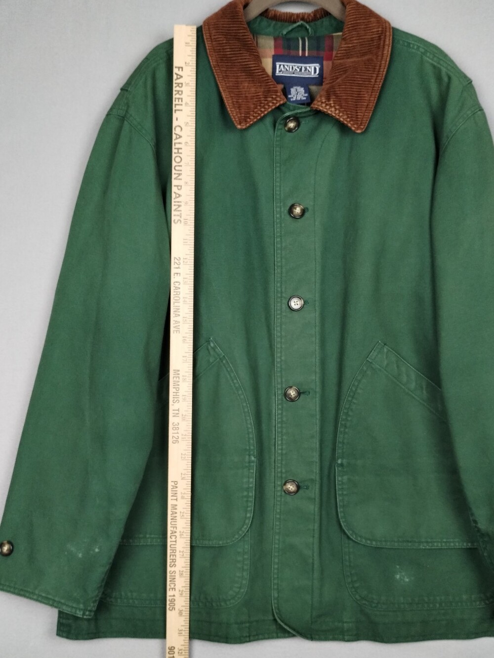 Lands' End Green Barn Jacket Chore Coat with Brown Corduroy Collar - Picture 8 of 16